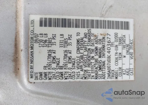 2008 Nissan Frontier Se z USA, uszkodzony, nr VIN 1N6AD07U08C403677